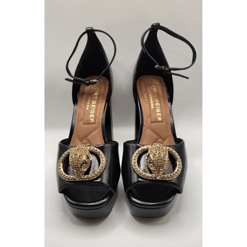 Kurt Geiger London Black Leather Platform Ankle Strap Rhinestone Sandals 37